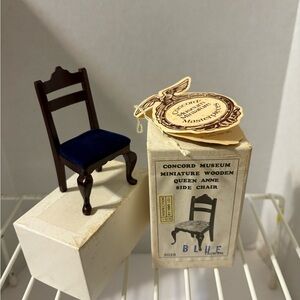 Concord Museum Miniature Wooden Queen Anne Side Chair blue cushion vintage
